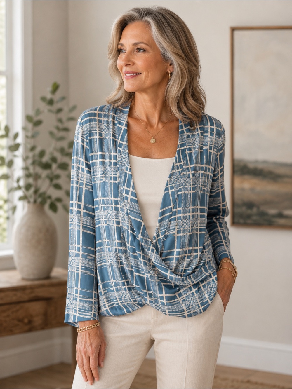 CAbi Teal and Cream Plaid Draped Wrap Blouse